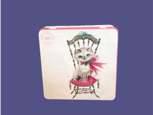Caja metálica cuadrada grande gata en una silla