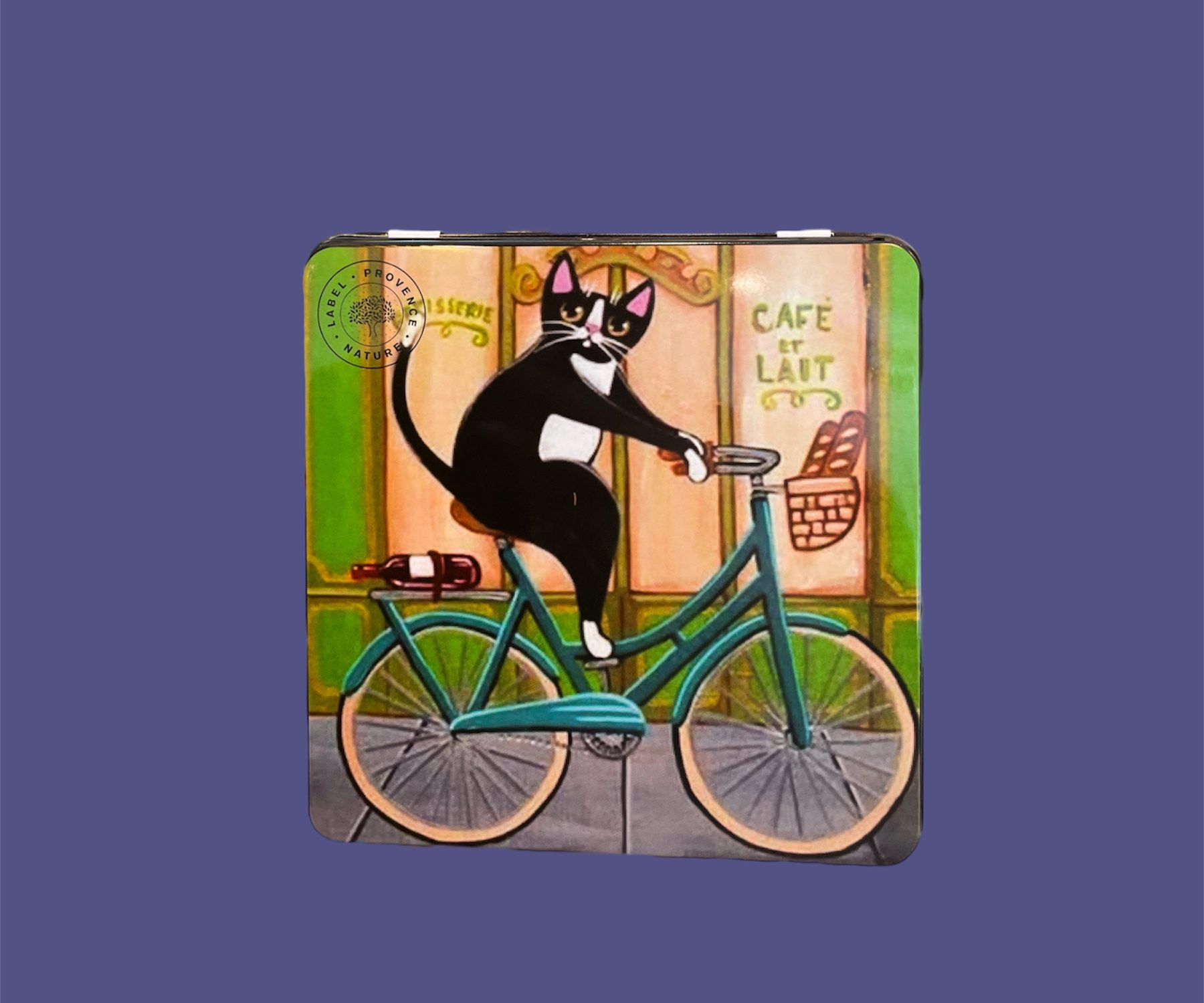 Caja metálica cuadrada grande gato en una bicicleta