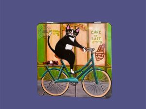 Caja metálica cuadrada grande gato en una bicicleta
