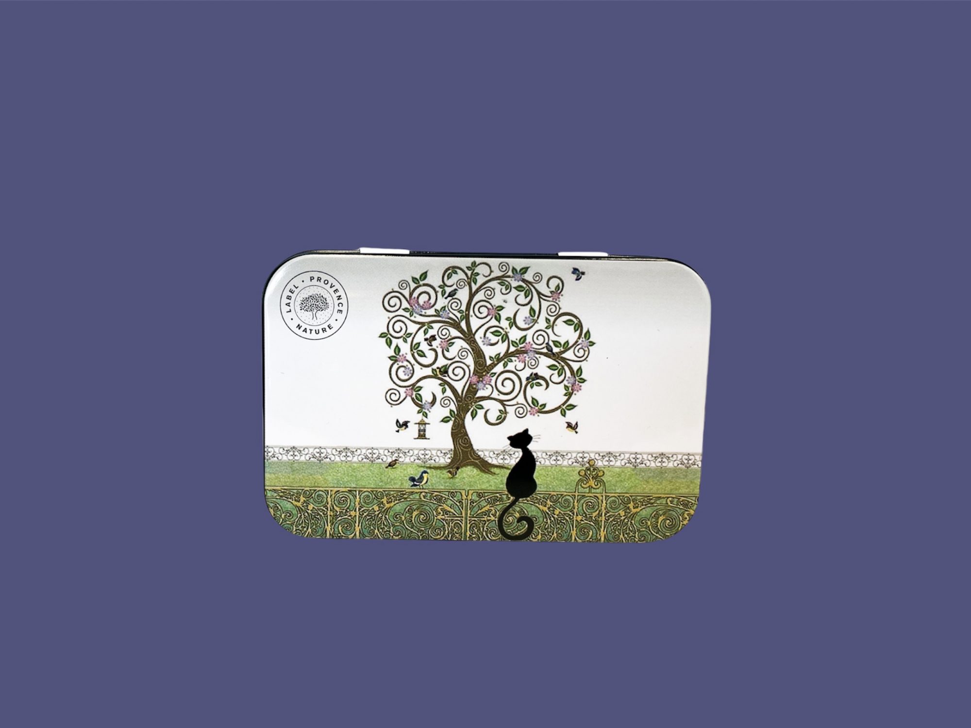 Caja metálica 125g gato negro debajo del árbol