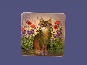 Caja metálica cuadrada grande gato entre amapolas