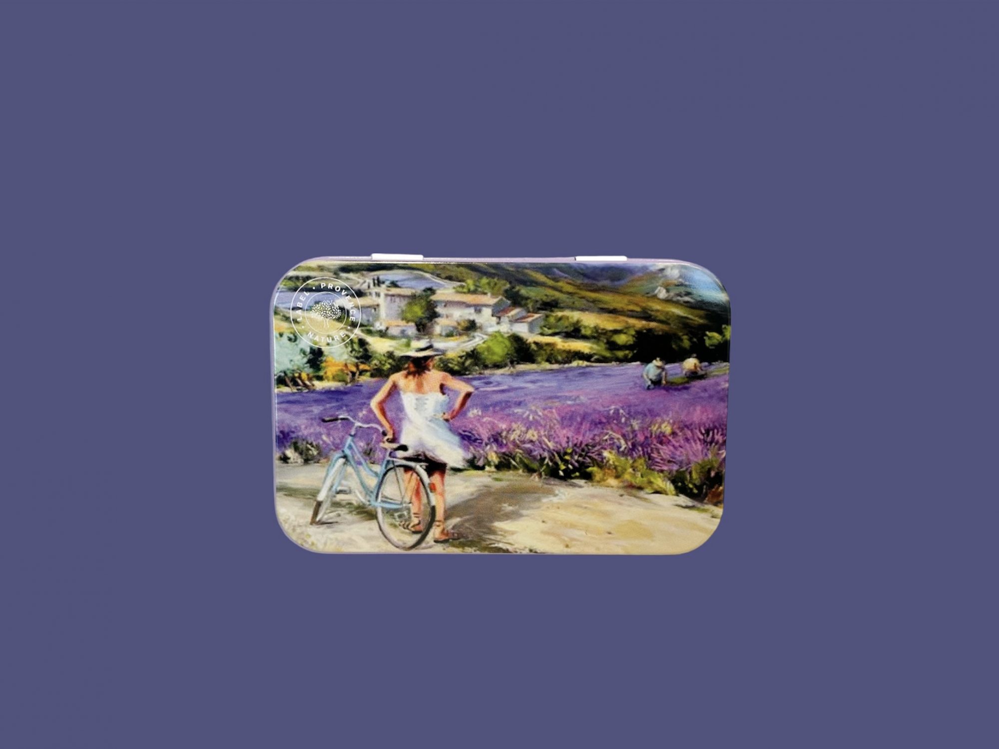 Caja metálica 125g campo de lavanda con bicicleta