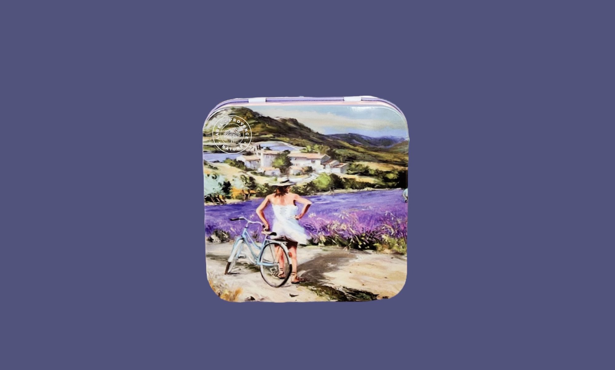 Caja metálica 110g o redondos campo de lavanda con bicicleta