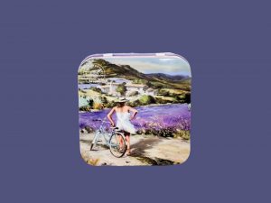 Caja metálica 110g o redondos campo de lavanda con bicicleta
