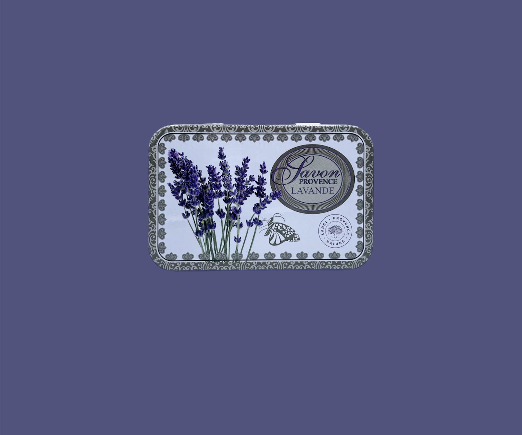 Caja metálica 125g lavanda blanca